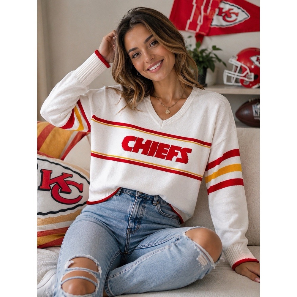 Ultra Game NFL Kansas City Chiefs Knit Varsity Sweater Women's L VNeck Retro Y2K